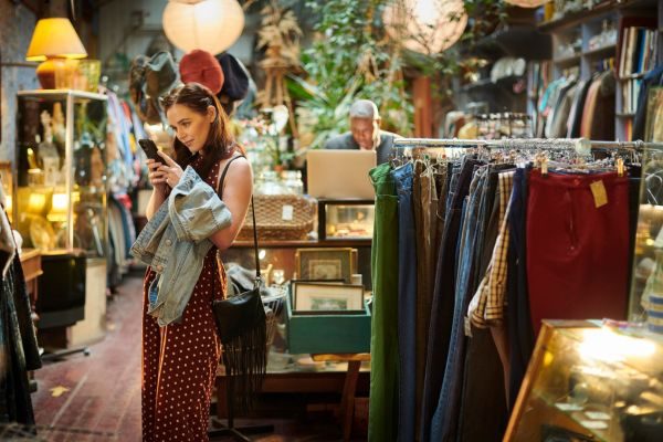 Jovem mulher em loja de roupas vintage, examinando uma peça enquanto checa o celular, com diversas roupas e acessórios ao fundo.