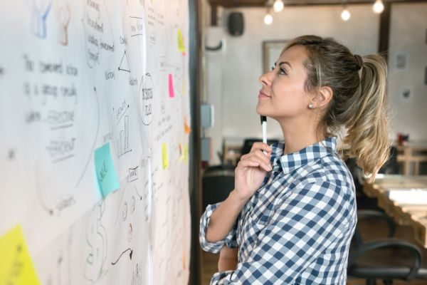 Mulher analisando um mural com anotações e gráficos em um ambiente de trabalho, refletindo sobre ideias e planejamento.